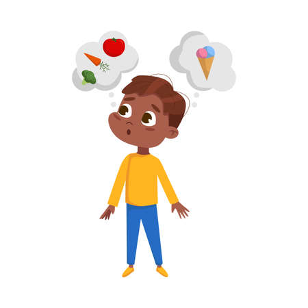 Cute Hungry African American Boy Want to Eat, Kid Choosing Between Healthy and Unhealthy Food Cartoon Style Vector Illustrationのイラスト素材