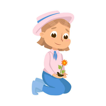 Cute Girl Planting Seedling of Flower, Little Kid Farmer Character Working in Garden Cartoon Style Vector Illustrationのイラスト素材