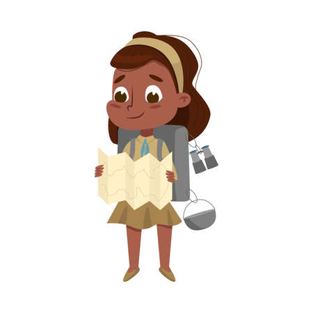 Scout Girl with Backpack and Map, Cute Scouting African American Child Character in Uniform, Summer Holiday Activities Concept Cartoon Style Vector Illustrationのイラスト素材