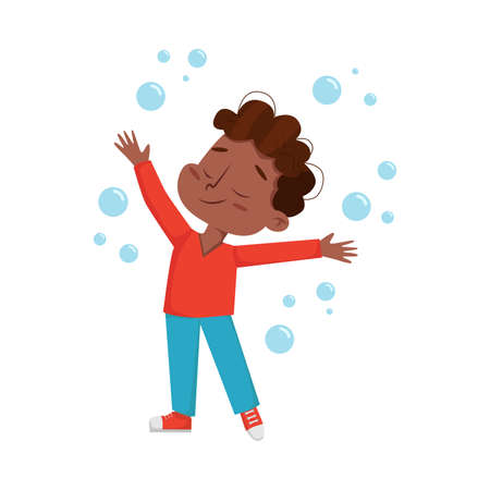 Cute African American Boy Having Fun with Soap Bubbles, Kids Leisure, Outdoor Hobby Game Cartoon Style Vector Illustrationのイラスト素材