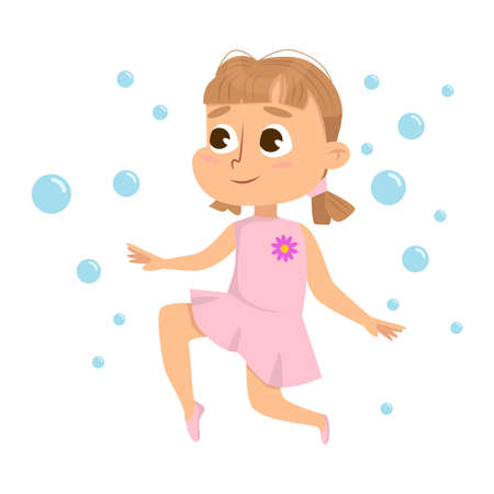 Lovely Girl Having Fun with Soap Bubbles, Kids Leisure, Outdoor Hobby Game Cartoon Style Vector Illustrationのイラスト素材