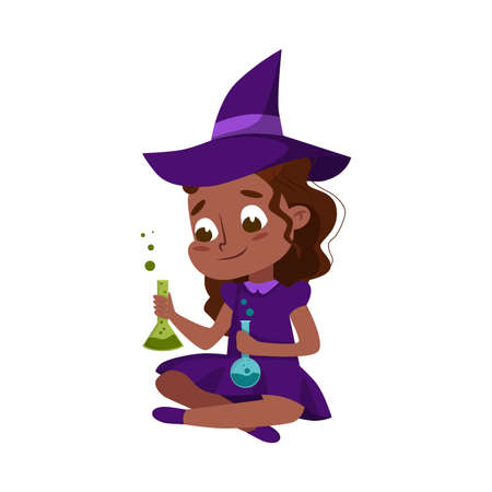 Little Witch Holding Bottles with Potion, Cute Girl Wearing Purple Dress and Hat Practicing Witchcraft, Happy Halloween Concept Cartoon Style Vector Illustrationのイラスト素材