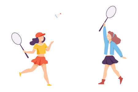 Two Girls Playing Badminton or Tennis, Outdoor Leisure Flat Style Vector Illustrationのイラスト素材