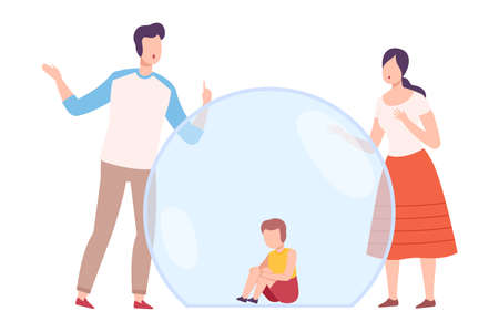 Little Boy Sitting Inside Transparent Bubble, Parents Trying to Reach Him, Separation from Society Concept Flat Style Vector Illustrationのイラスト素材