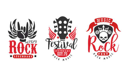 Legendary Rock Fest   Templates Set, Rock Music Festival Retro Labels Vector Illustrationのイラスト素材