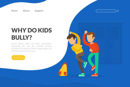 Why Do Kids Bully Landing Page Template, Boy Bullying Another, Violence and Aggression between Children Concept Vector Illustrationのイラスト素材