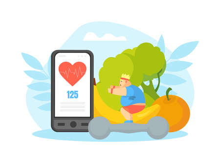 Tiny Chubby Man Doing Squat Exercise, Overweight Man Character Doing Workout Vector Illustrationのイラスト素材