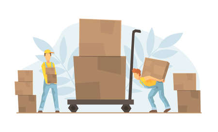 Tiny Warehouse Workers Loading Huge Boxes on Cart, Delivery Service, E-commerce Concept Vector Illustrationのイラスト素材