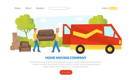 Home Moving Company Landing Page, Delivery Man Character Delivering Furniture to Client, Delivery Service Concept Vector Illustrationのイラスト素材
