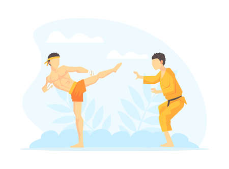 Asian Martial Arts Fighters, Two Male Athlete Characters Competing Vector Illustrationのイラスト素材