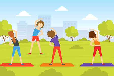 Group of Young Women Doing Fitness on Nature, Active Healthy Lifestyle, Indoor Sports Concept Vector Illustrationのイラスト素材