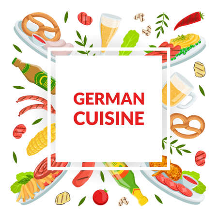German Cuisine Banner Template, Oktoberfest Beer Festival, Traditional German Food Pattern Vector Illustrationのイラスト素材