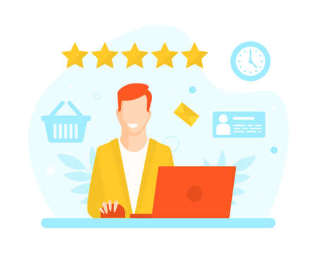 Businessman Working at his Desk, Office Employee Character Sitting on Chair at Table in front of Laptop Computer in Office Workplace Vector Illustrationのイラスト素材