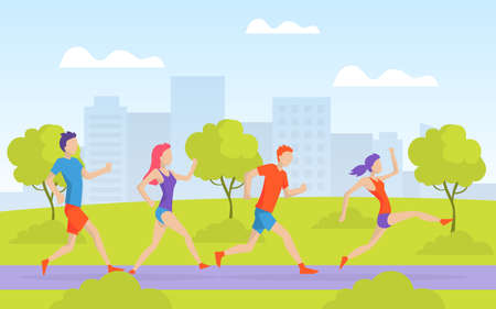 Young Man and Woman Running in Park, People Dressed in Sportswear Taking Part in Sports Competition or Marathon, Outdoor Morning Workout Vector Illustrationのイラスト素材