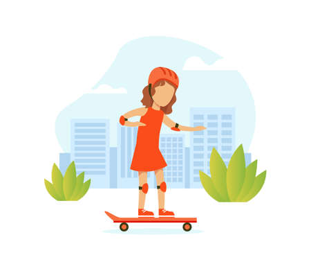 Cute Girl Riding Skateboard on City Street, Outdoor Morning Workout Vector Illustrationのイラスト素材