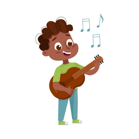 Funny Boy Standing and Playing Guitar Vector Illustrationのイラスト素材