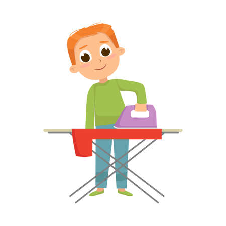 Little Big-eyed Boy Ironing Clothes on Ironing-table Vector Illustrationのイラスト素材
