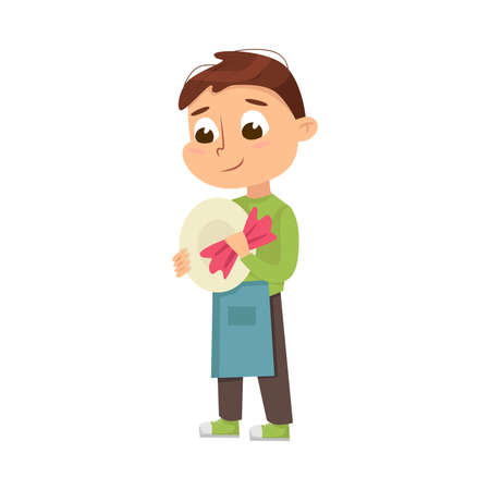 Little Big-eyed Boy Drying Washed Dishes with Cloth Vector Illustrationのイラスト素材