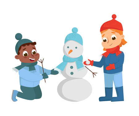Cute Boy and Girl Building Snowman Vector Illustrationのイラスト素材