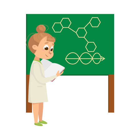 Cute Girl in Laboratory Coat at Blackboard Explainign Molecular Formula Vector Illustrationのイラスト素材
