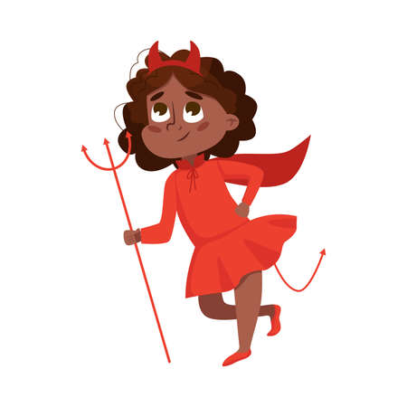 Funny Girl Dressed in Halloween Devil Costume Vector Illustrationのイラスト素材