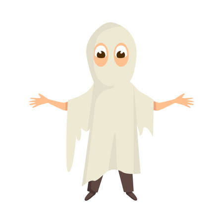 Cute Boy Dressed in Halloween Ghost Costume Vector Illustrationのイラスト素材