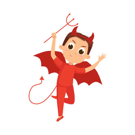 Cute Boy Dressed in Halloween Dracula Devil Costume with Horns Vector Illustrationのイラスト素材