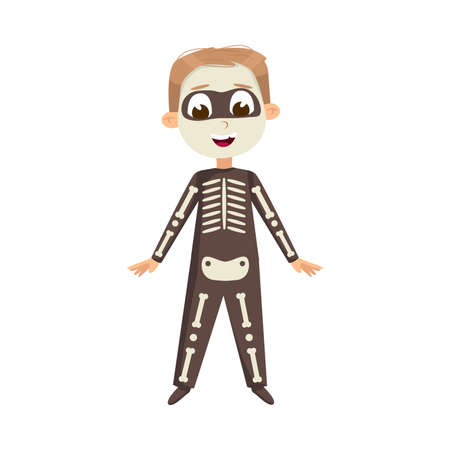 Smiling Boy Dressed in Halloween Skeleton Costume Vector Illustrationのイラスト素材