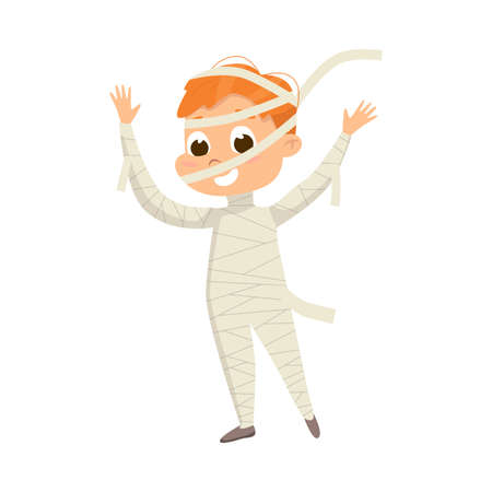 Smiling Boy Dressed in Halloween Mummy Costume Vector Illustrationのイラスト素材