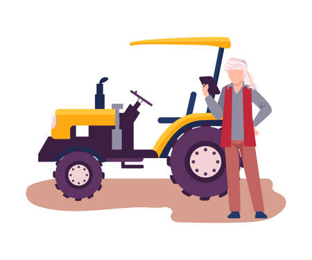 Asian Male Farmer Standing Beside Tractor Machine Vector Illustrationのイラスト素材