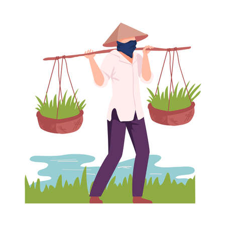 Asian Male Farmer in Conical Hat Carrying Rice Plant in Wicker Basket Vector Illustrationのイラスト素材