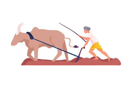 Asian Male Farmer in Turban Plowing Soil Vector Illustrationのイラスト素材