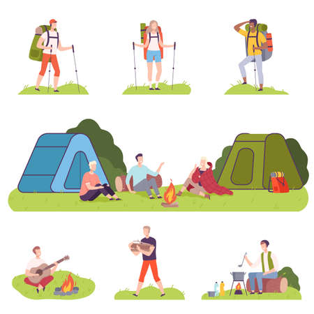 People Characters with Backpacks Hiking and Camping Vector Illustration Setのイラスト素材