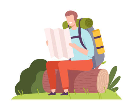 Young Man with Backpack Sitting on Log and Examining Map Vector Illustrationのイラスト素材