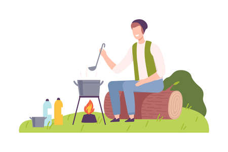 Man Camper Sitting on Log at Campsite and Boiling Soup in Caldron Vector Illustrationのイラスト素材