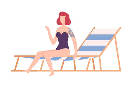 Young Woman with Tattoo in Swimming Suit Sitting on Sun Lounger Vector Illustrationのイラスト素材