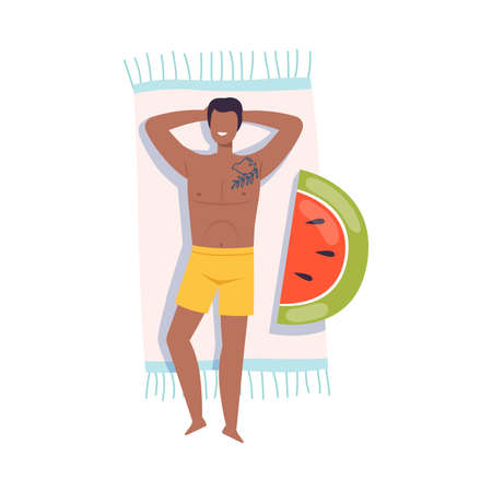 Relaxed Man with Tattoo Having Rest on Beach Lying on Towel Top View Vector Illustrationのイラスト素材