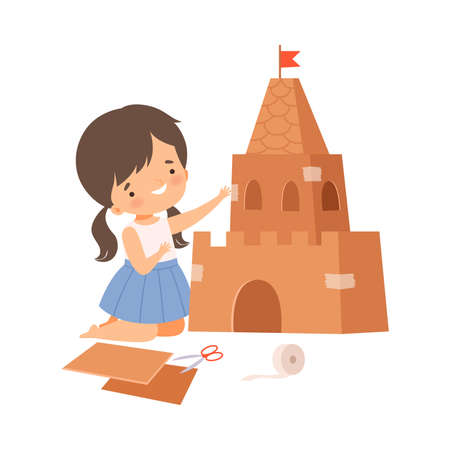 Little Girl Showing Handcrafted Cardboard Castle Vector Illustrationのイラスト素材