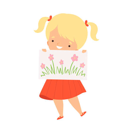 Smiling Girl Showing Paper with Pictured Flower Vector Illustrationのイラスト素材