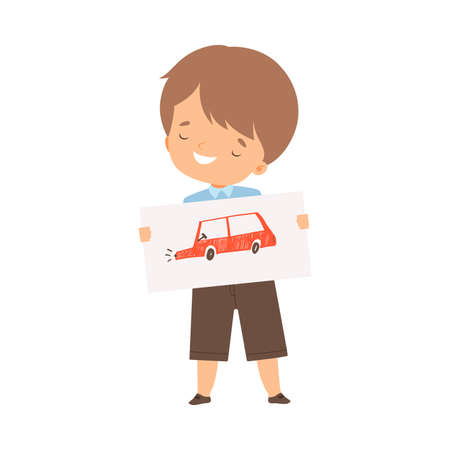Smiling Boy Showing Paper with Pictured Car Vector Illustrationのイラスト素材
