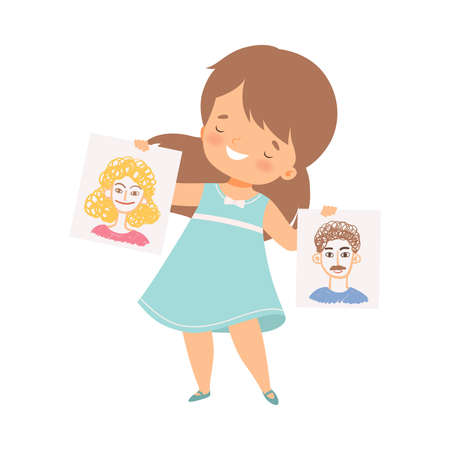 Cheerful Girl Showing Paper with Pictured Portrait Vector Illustrationのイラスト素材