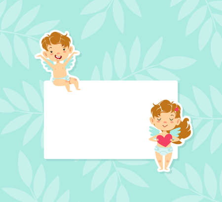 Cute Little Baby Angels with Blank Banner, Adorable Boy and Girl Cherubs in Heaven Cartoon Vector Illustration.のイラスト素材