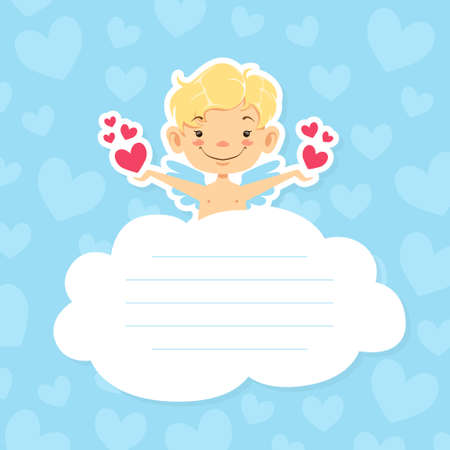 Cute Baby Angel on Cloud with Space for Text, Adorable Little Cupid in Heaven with Hearts in his Hands Style Vector Illustration.のイラスト素材