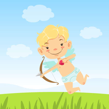 Cupid Baby Boy Angel Flying and Shooting with Bow on Green Meadow, Adorable Cupid Character Vector Illustration.のイラスト素材
