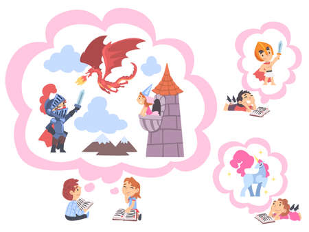 Children Reading Fairy Tail Fantasy Books, Kids Imagination Concept, Fairy Tales, Stories, Discoveries Cartoon Style Vector Illustrationのイラスト素材