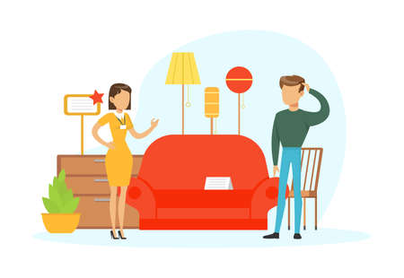 People Shopping in Furniture Store, Female Shop Assistant Helping Man to Choose Sofa Vector Illustrationのイラスト素材
