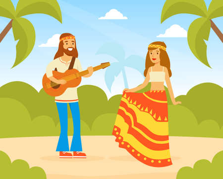 Hippie Characters, Young Man and Woman Playing Guitar and Dancing on Summer Landscape, Happy People Wearing Retro Clothes of the 60s and 70s Vector Illustrationのイラスト素材