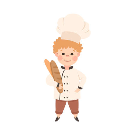 Cute Boy Chef Cook Holding Fresh Baked Loaf of Bread, Kid in Chef Uniform Cooking in Kitchen Cartoon Style Vector Illustrationのイラスト素材