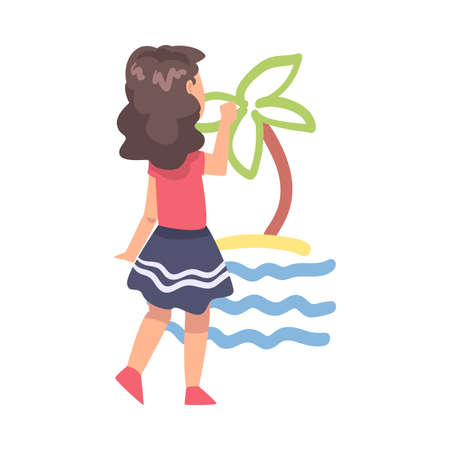 Cute Girl Drawing Tropical Island, on Wall, Kid Drawing with Colorful Chalk Pencils and Crayons, Back View Cartoon Style Vector Illustrationのイラスト素材