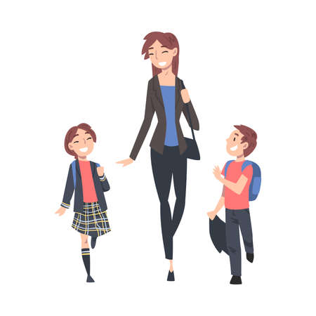 Mother Taking her Son and Daughter to the School in the Morning, Parent and Kid Walking Together Holding Hands Cartoon Style Vector Illustrationのイラスト素材